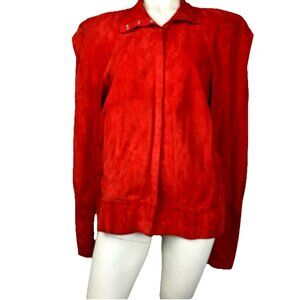 Vintage 80s OMO Norma Kamali red cotton Suede Jacket Snap Power Shoulder